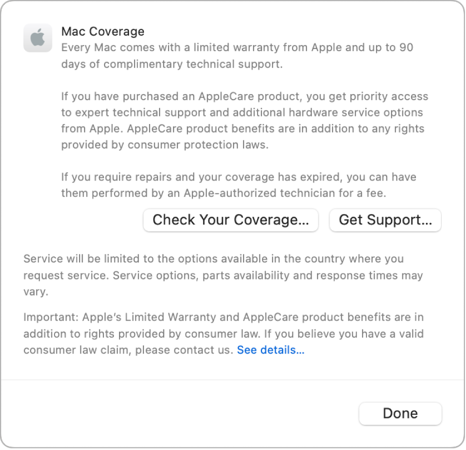 The Coverage dialog showing the Check Your Coverage and Get Support buttons.