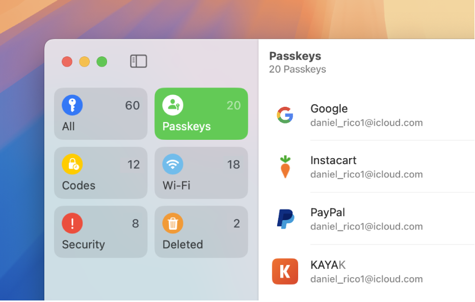 The Passwords app showing the Passkeys section.