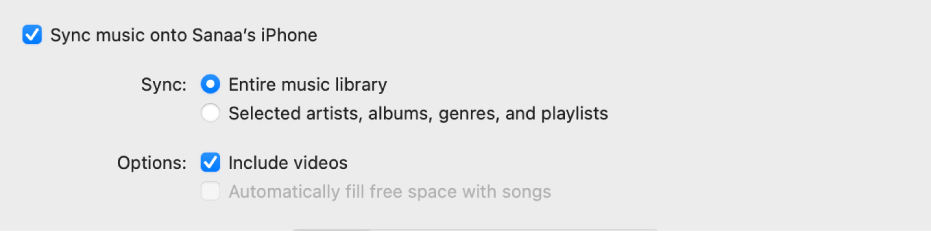 The “Sync music onto device” checkbox appears with additional options for syncing your entire library or only selected items and including videos in the syncing process.