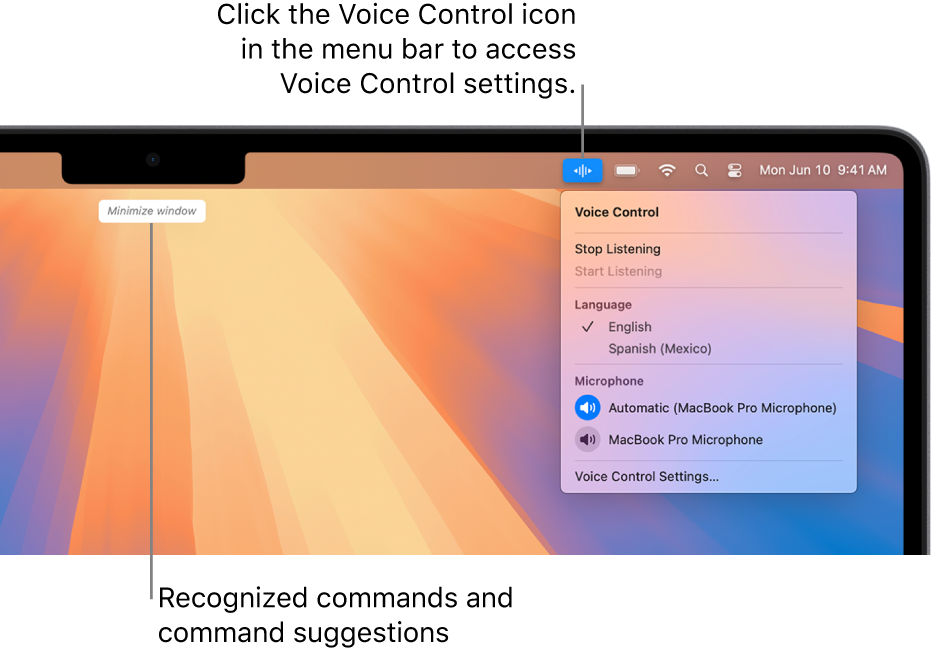 The last command recognized by Voice Control is shown at the top of the desktop. To the right, the Voice Control icon is shown in the menu bar and the Voice Control menu is open.