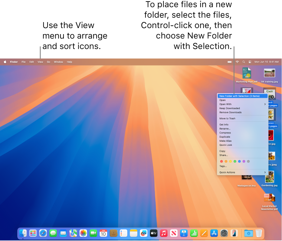 A desktop showing files and folders. Several files are selected to be placed in a new folder. A Control-click of a selected file shows a pop-up menu, and New Folder with Selection is chosen.