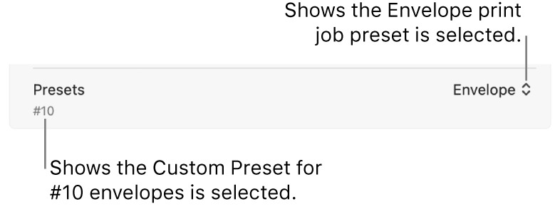 The Presets section of the Print dialog showing a print job preset for an envelope chosen and a custom preset for a #10 envelope chosen.
