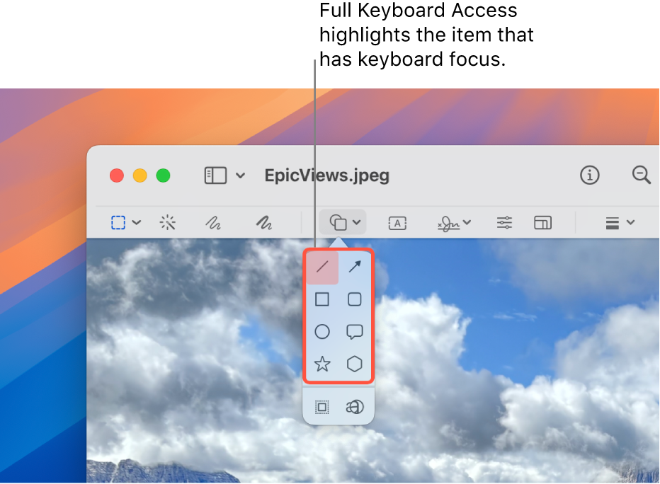 The Preview window with the Markup toolbar shown. The Shapes tool is expanded to show the options. Full Keyboard Access has outlined the tool that has focus and the group that contains it.