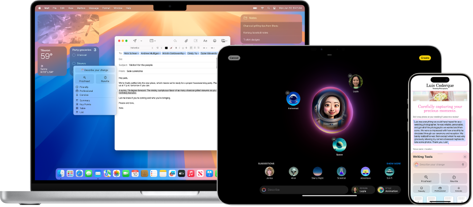 Apple Intelligence features displayed on a Mac, iPad, and iPhone.