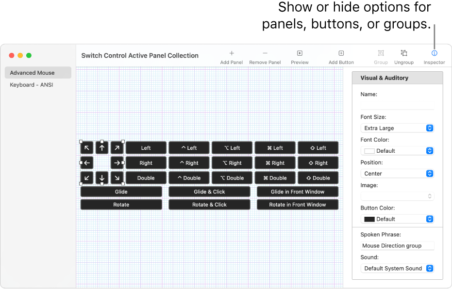 A Panel Collection window showing the Inspector button at the right end of the toolbar, for setting options for panels, buttons, and groups.