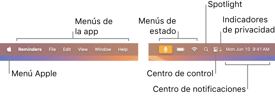 La barra de menús. En la izquierda está el menú Apple y los menús de las apps. A la derecha están los menús de estado, Spotlight, centro de control, indicadores de privacidad y centro de notificaciones.