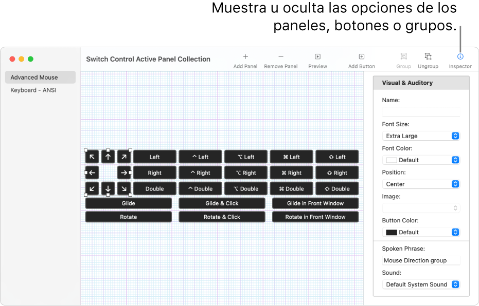 Una ventana de colecciones de paneles que muestra el botón Inspector en la parte derecha de la barra de herramientas para configurar opciones para los paneles, botones y grupos.