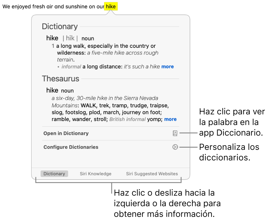 La ventana Consultar con las definiciones del Diccionario y del Diccionario de sinónimos para una palabra.