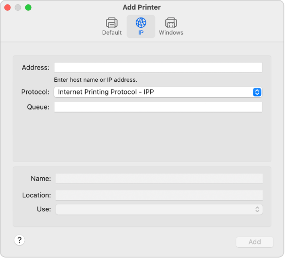 El diálogo “Añadir impresora” con las opciones de IP para configurar una impresora mediante el protocolo IP.