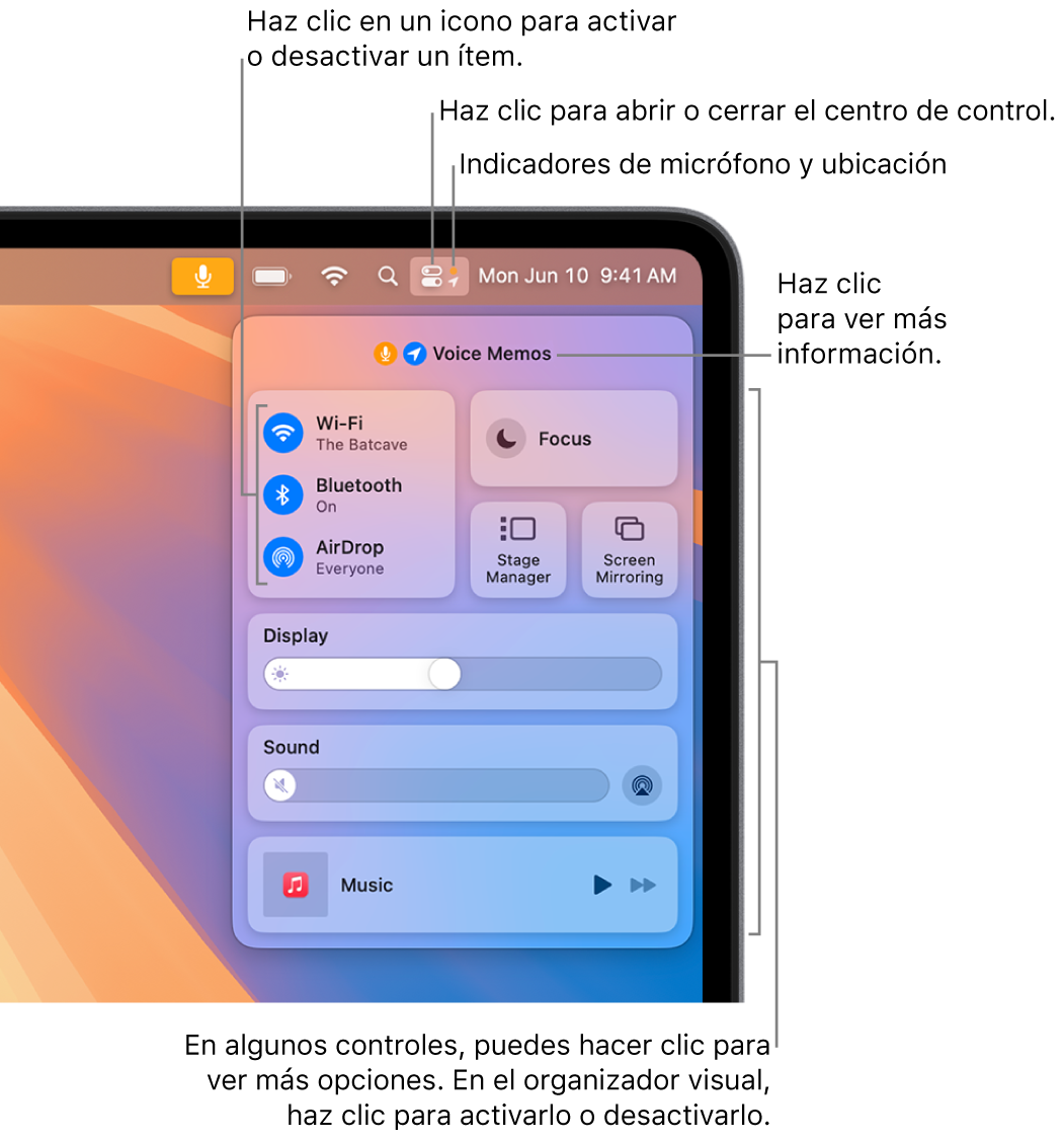 El centro de control en la parte superior derecha de la pantalla, con controles para Wi-Fi, “Modos de concentración”, Sonido y “Ahora suena”, entre otros.