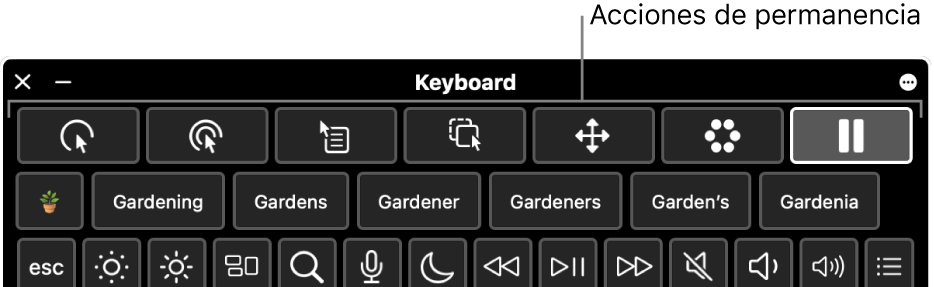 Los botones de acción de la permanencia se encuentran en la parte superior del teclado de accesibilidad.