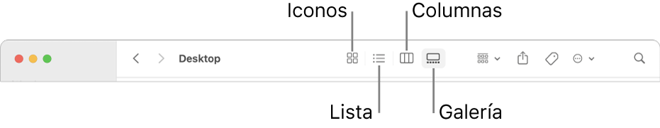 La parte superior de una ventana del Finder con los botones de las opciones de visualización de una carpeta.