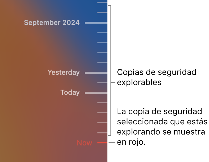 Marcas en el control temporal de copias de seguridad. La marca roja señala la copia de seguridad donde estás haciendo la búsqueda.