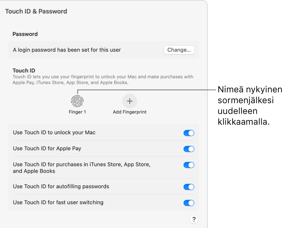 Touch ID ja salasana ‑asetukset, joissa näkyy, että sormenjälki on valmiina ja että sitä voidaan käyttää Macin avaamiseen.