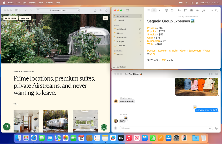 Macin työpöydällä näkyy kolme ikkunaa rinnakkain: Safari-ikkuna puolikkaalla näytöllä, Muistiinpanot-ikkuna oikeassa yläkulmassa ja Viestit-ikkuna oikeassa alakulmassa.