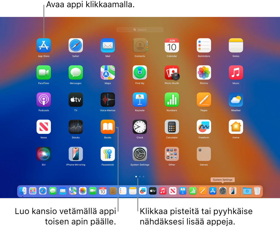 Launchpad, jossa näkyvät avattavissa olevat apit.