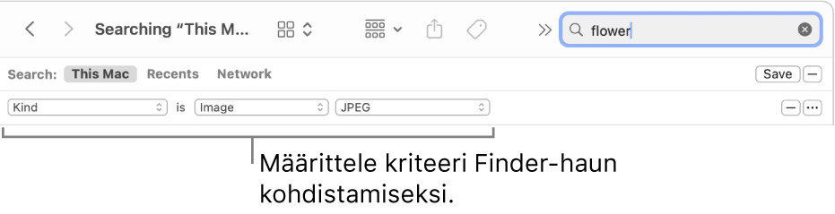 Finder-ikkuna, jossa on kenttiä hakuehtojen määrittämiseen.