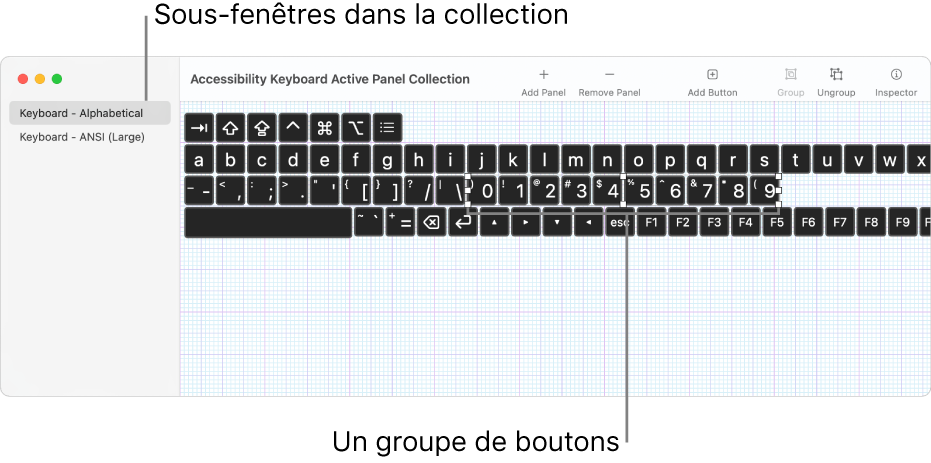 Une partie d’une fenêtre de collections de sous-fenêtres montrant une liste de sous-fenêtres de clavier à gauche, et à droite les boutons et les groupes contenus dans une sous-fenêtre.