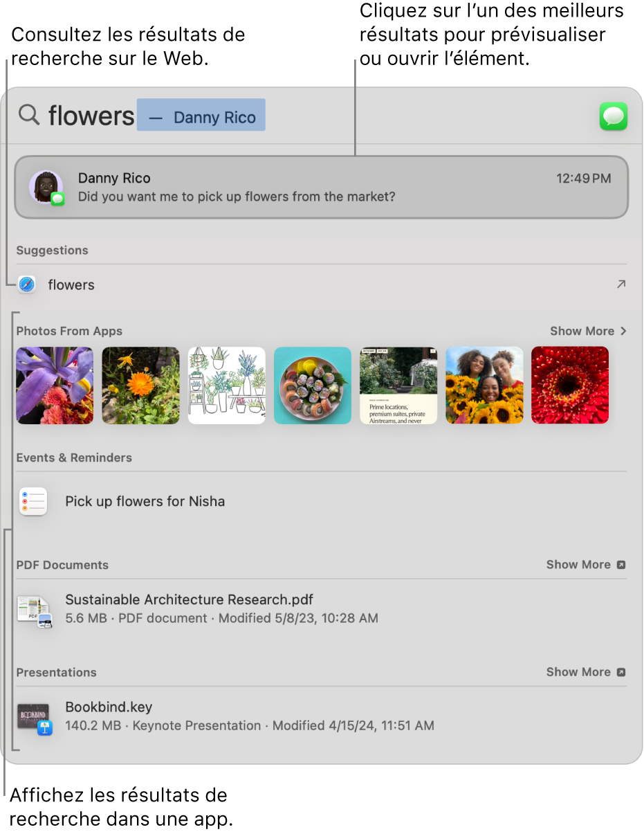 La fenêtre Spotlight qui affiche le texte de la recherche dans le champ de recherche en haut, avec les résultats en dessous.