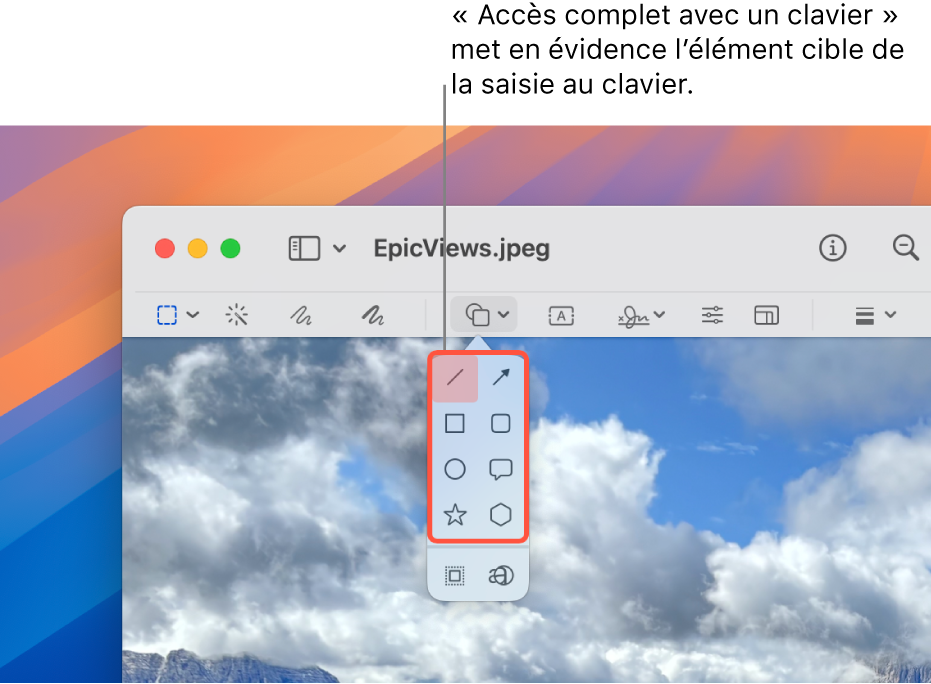 La fenêtre Aperçu avec la barre d’outils d’annotation. L’outil Formes est agrandi pour afficher les options. « Accès complet avec un clavier » a mis en surbrillance l’outil ciblé et le groupe auquel il appartient.