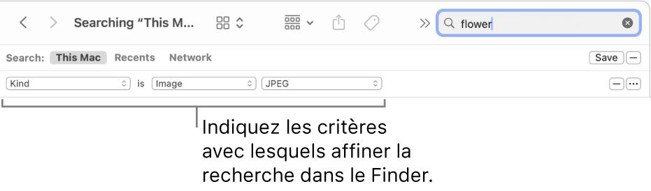 Une fenêtre du Finder avec des champs pour indiquer des critères de recherche.