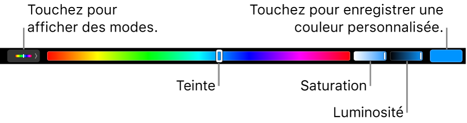 La Touch Bar affichant les curseurs Teinte, Saturation et Luminosité du mode TSL. Le bouton permettant d’afficher tous les modes se trouve à l’extrémité gauche. Celui permettant d’enregistrer une couleur personnalisée se trouve à droite.