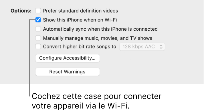 Les options de synchronisation pour gérer les éléments de contenu manuellement.