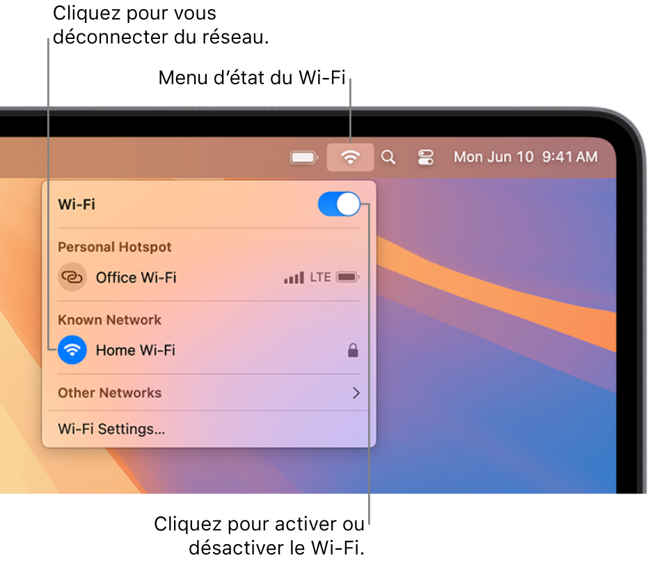 Le menu d’état Wi-Fi affichant le bouton permettant dʼactiver et de désactiver le Wi-Fi, un partage de connexion et des réseaux connus.