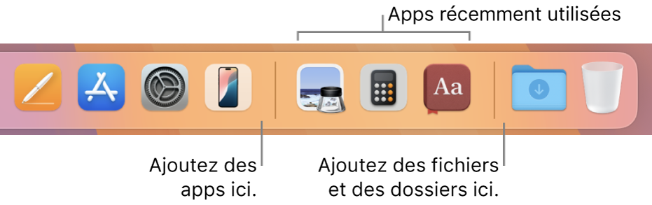 L’extrémité droite du Dock affichant les lignes de séparation avant et après la section des apps récemment utilisées.