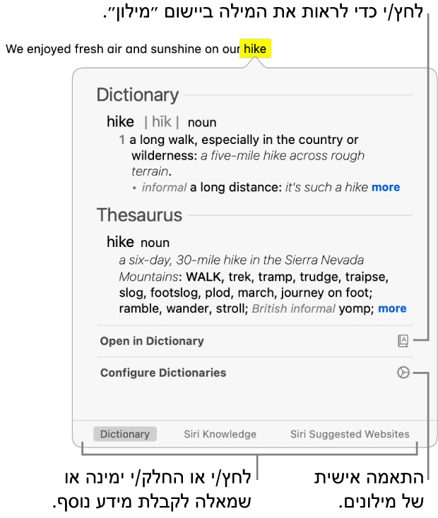 החלון ״חיפוש״ המציג הגדרות ״מילון״ ו״מילון מילים נרדפות (תזאורוס)״ עבור מילה.