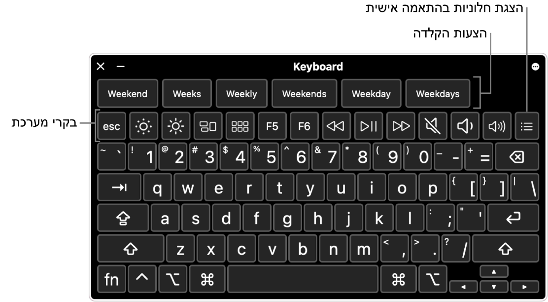 ״מקלדת הנגישות״ עם הצעות הקלדה בחלקה העליון. להלן שורה של כפתורים של פקדי מערכת לביצוע פעולות כגון שינוי בהירות המסך והצגת חלוניות מותאמות אישית.
