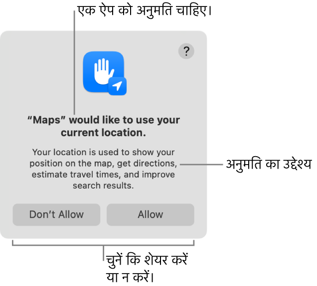 नक़्शा ऐप आपके वर्तमान स्थान के इस्तेमाल की अनुमति माँगता है।