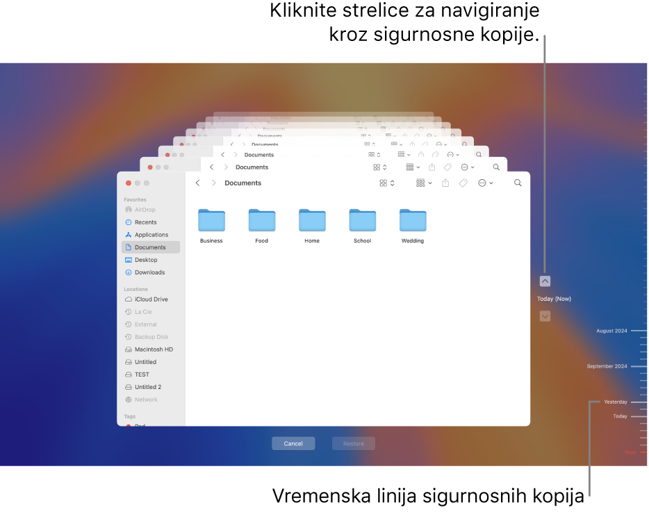 Prozor Time Machinea prikazuje više zaslona Findera naslaganima kao sigurnosne kopije, sa strelicama za navigiranje. Strelice i vremenska skala sigurnosne kopije s desne strane pomažu u navigiranju sigurnosnim kopijama tako da možete odabrati koje datoteke obnoviti.