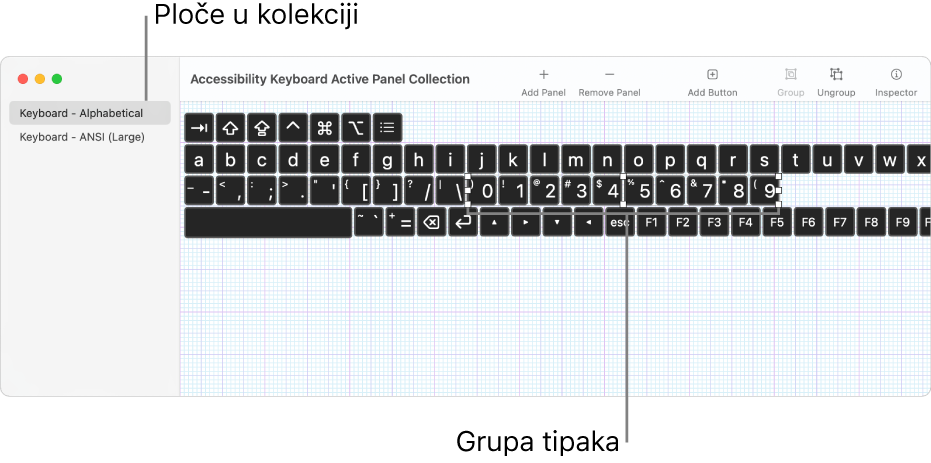 Dio prozora skupa prozora koji prikazuje popis prozora tipkovnice na lijevoj strani, a na desnoj strani tipke i grupe sadržane u prozoru.