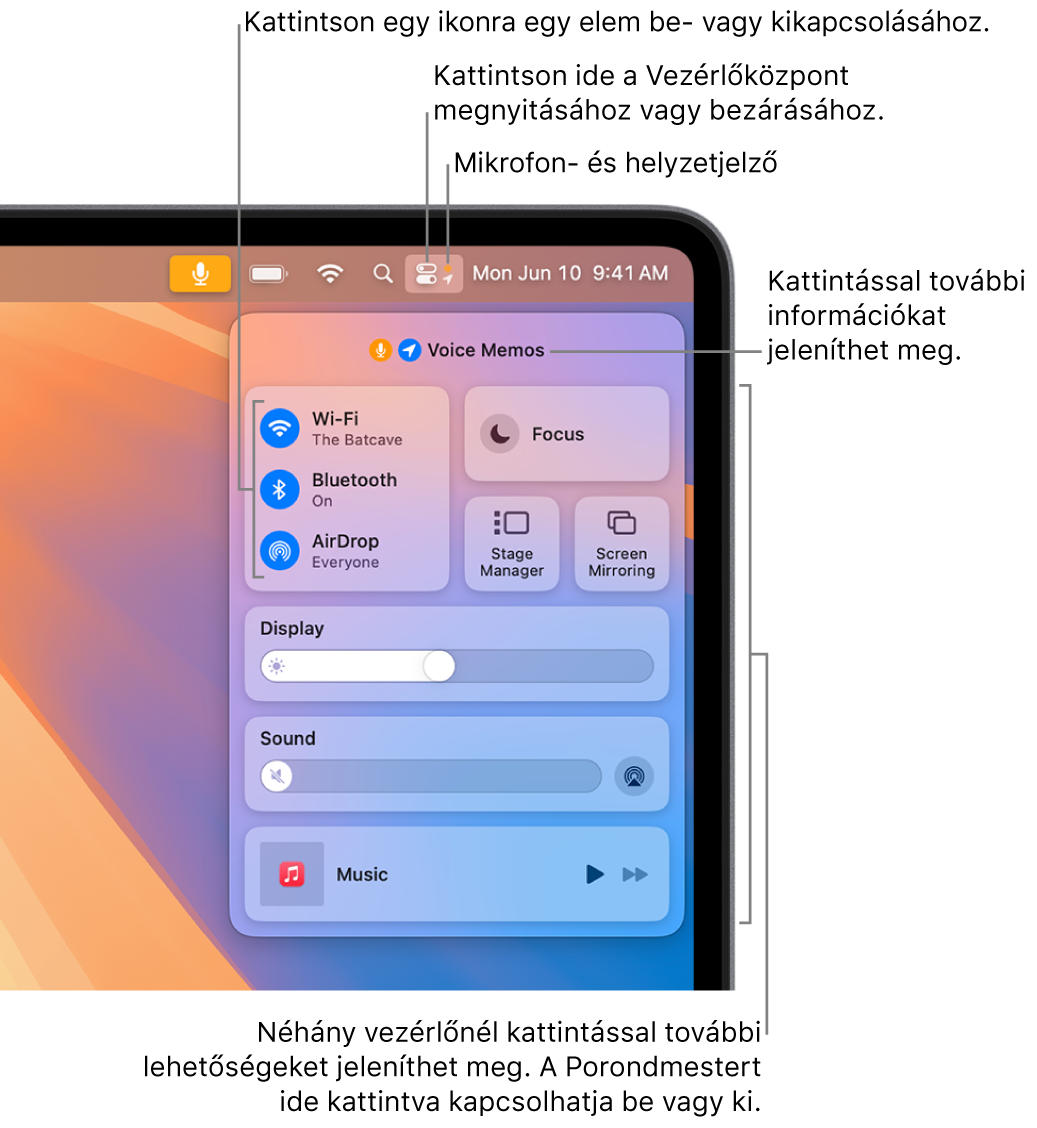 A Vezérlőközpont a képernyő jobb felső részén, többek között a Wi-Fi, a Fókusz, a Hang és a Lejátszás alatt vezérlőkkel.