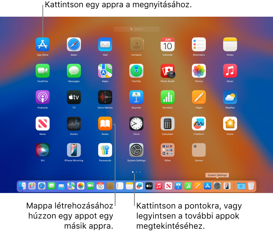 A megnyitható appokat megjelenítő Launchpad.