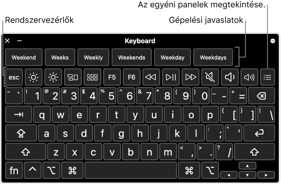 A Kisegítő lehetőségek billentyűzete a tetején gépelési javaslatokkal. Lent egy rendszer-vezérlőelemekhez tartozó gombsor látható, melyekkel egyebek mellett be lehet állítani a képernyő fényerejét, és egyéni paneleket lehet megjeleníteni.