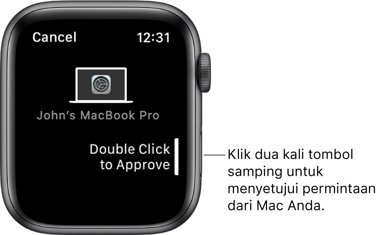 Apple Watch menampilkan permintaan persetujuan dari MacBook Pro.