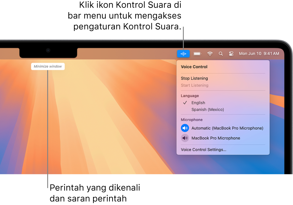 Perintah terakhir yang dikenali oleh Kontrol Suara ditampilkan di bagian atas desktop. Di sebelah kanan, ikon Kontrol Suara ditampilkan di bar menu dan menu Kontrol Suara dibuka.