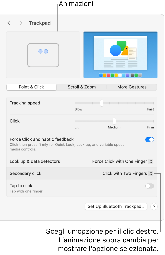 Le opzioni Trackpad in Impostazioni di Sistema che mostrano l’opzione del clic secondario impostata su “Clic con due dita” e l’animazione corrispondente.