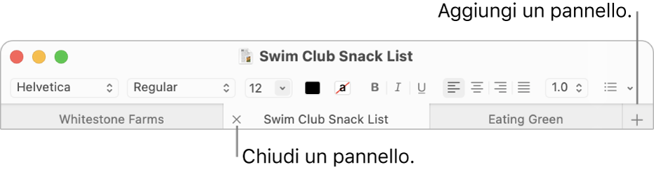 Finestra TextEdit con tre pannelli nella barra dei pannelli, disponibile sotto la barra di formattazione. In un pannello è presente il pulsante Chiudi. Il pulsante Aggiungi è disponibile all’estremità destra della barra del pannello.