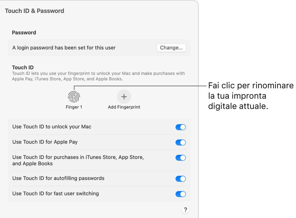 Le impostazioni “Touch ID e Password” che mostrano che l’impronta digitale è pronta e può essere utilizzata per sbloccare il Mac.