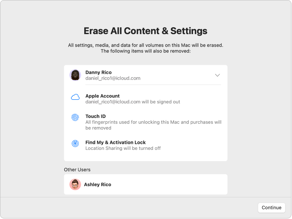 La finestra “Inizializza contenuto e impostazioni” di Assistente Inizializzazione mostra elementi aggiuntivi che vengono rimossi, incluse tutte le impronte digitali utilizzate per sbloccare il Mac ed effettuare acquisti.