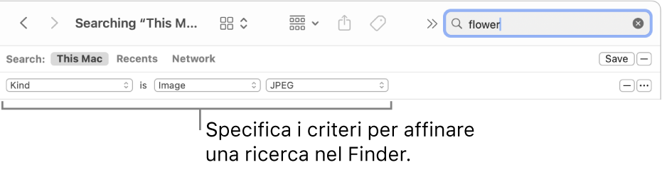 Finestra del Finder con i campi per specificare i criteri di ricerca.