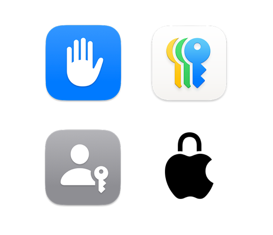 Le icone dell’app Password, di “Privacy e sicurezza”, Passkey e Privacy ad Apple.