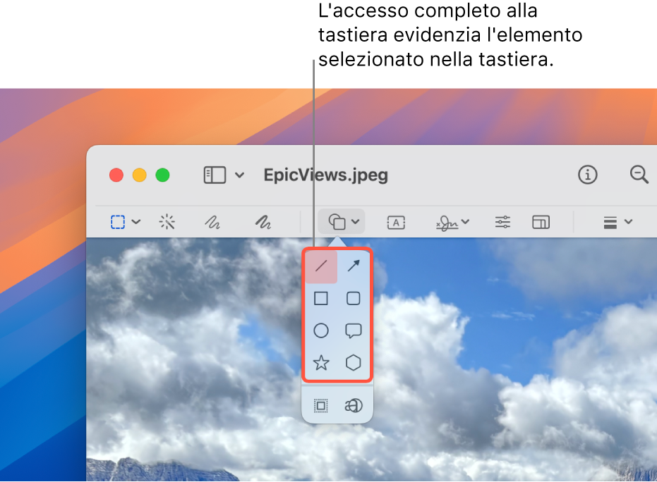 La finestra Anteprima in cui viene visualizzata la barra strumenti Modifica. Lo strumento Forme è espanso per mostrare le opzioni. “Accesso completo da tastiera” ha aggiunto un bordo allo strumento su cui è focalizzata l’attenzione e sul gruppo che lo contiene.