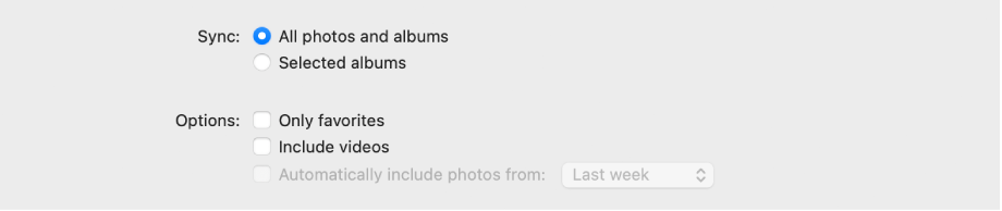 I pulsanti di opzione “Tutte le foto e gli album” e “Album selezionati” vengono visualizzati con sotto le caselle di controllo “Solo preferiti”, “Includi video” e “Includi automaticamente foto da”.
