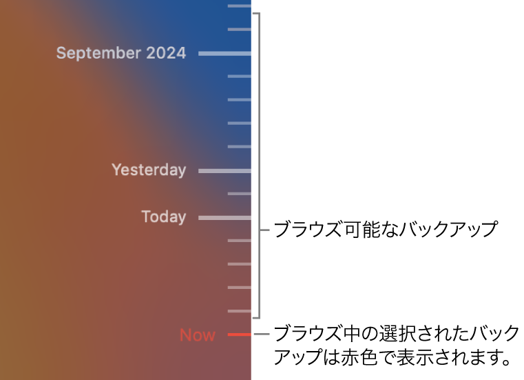 バックアップタイムライン。目盛りが表示されています。赤い目盛り。ブラウズしようとしているバックアップの時刻が示されています。