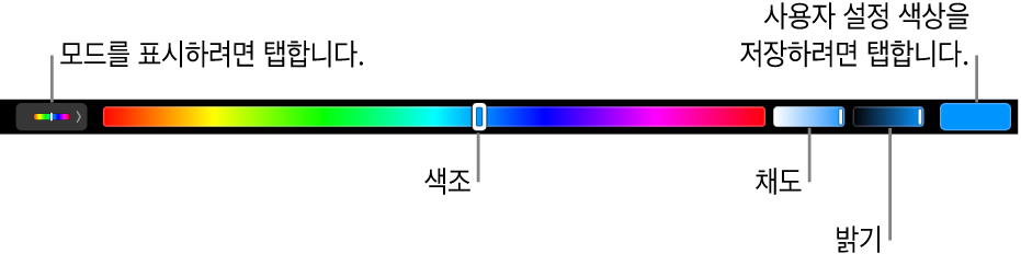 HSB 모드의 색조, 채도 및 밝기 슬라이더를 표시하는 Touch Bar. 왼쪽 끝에 있는 모든 모드 보기 버튼과 오른쪽에 있는 사용자화 색상 저장 버튼.