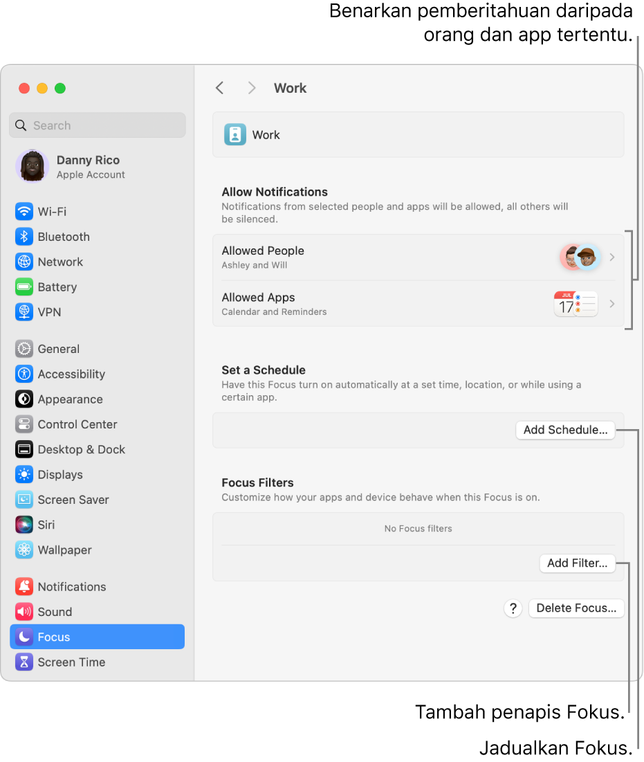 Seting Fokus menunjukkan seting untuk Fokus Kerja. Di bahagian atas ialah senarai orang dan app yang pemberitahuannya dibenarkan apabila Fokus Kerja aktif.